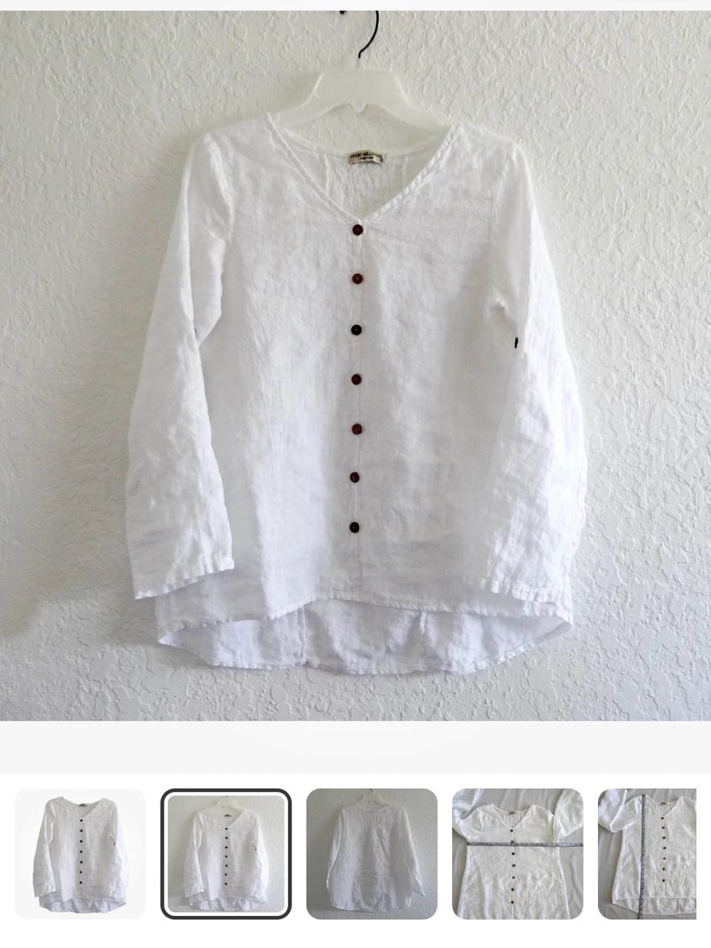 White Linen Button-Front Italy V-Neck Blouse small lagenlook - Picture 2 of 9